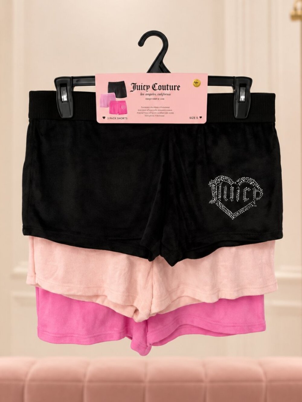 Juicy Couture 3-Pack Velour Lounge Shorts Black Pink Logo Size M NWT